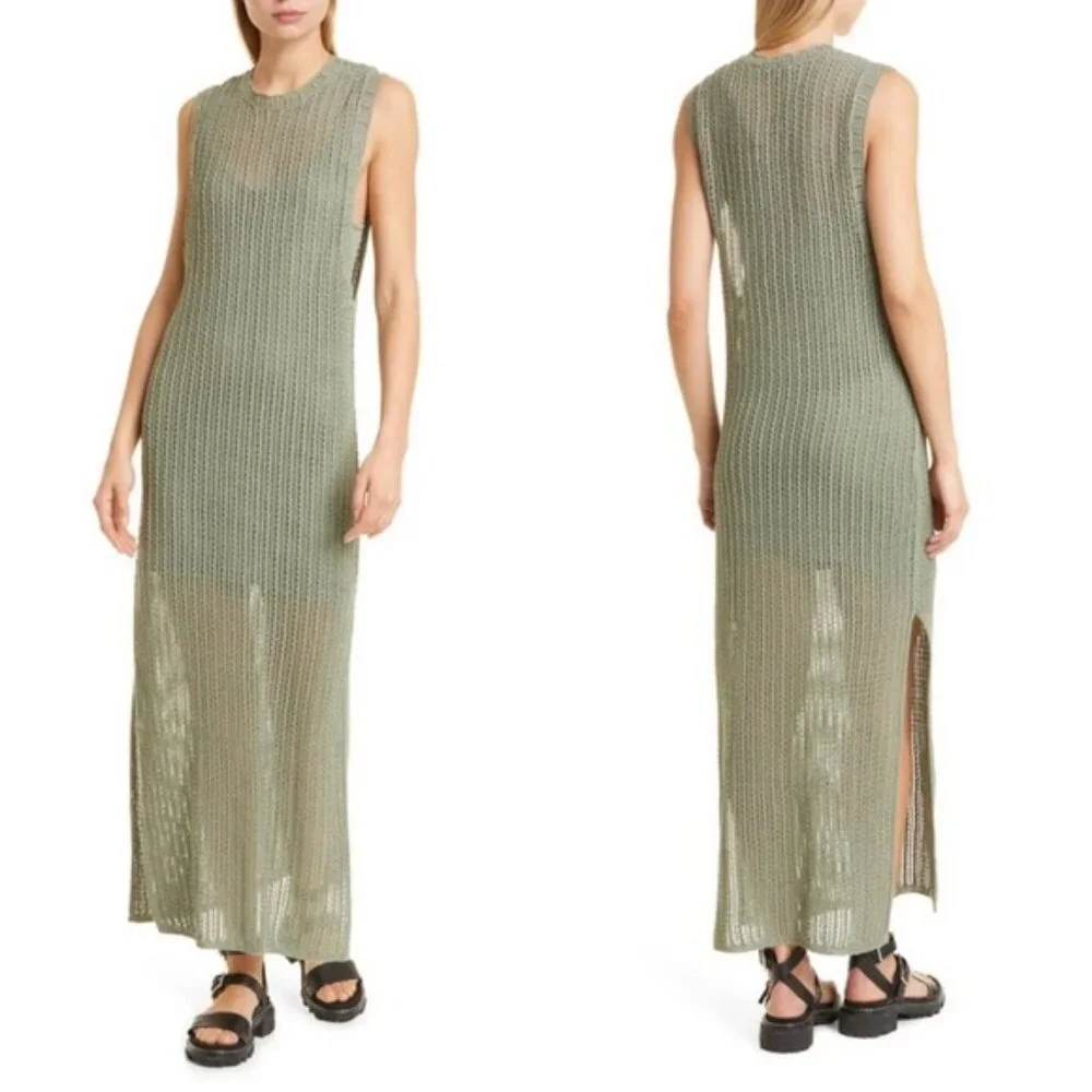NEW Rag and Bone Riley Crochet Knit Split Hem Maxi Dress Sage Green Size XL Boho - Picture 2 of 15